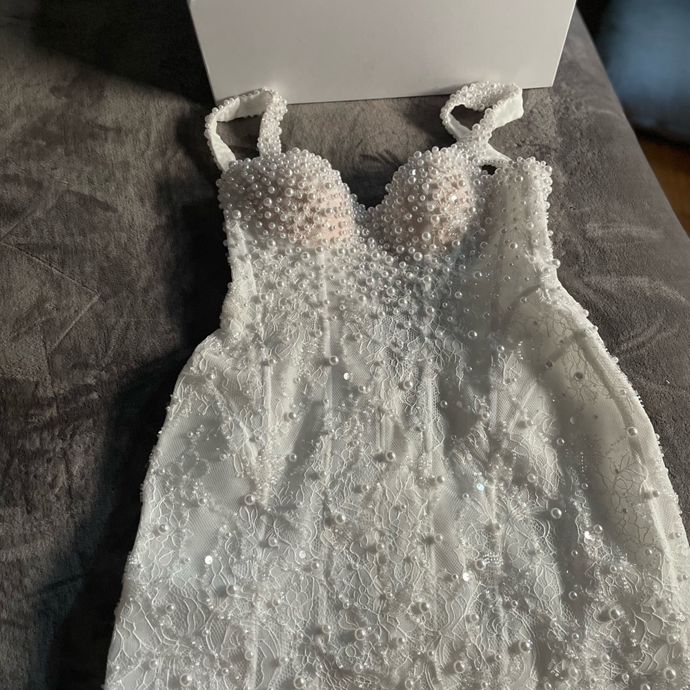 Pearl-Embellished White Wedding Dress - Picture 2 of 7
